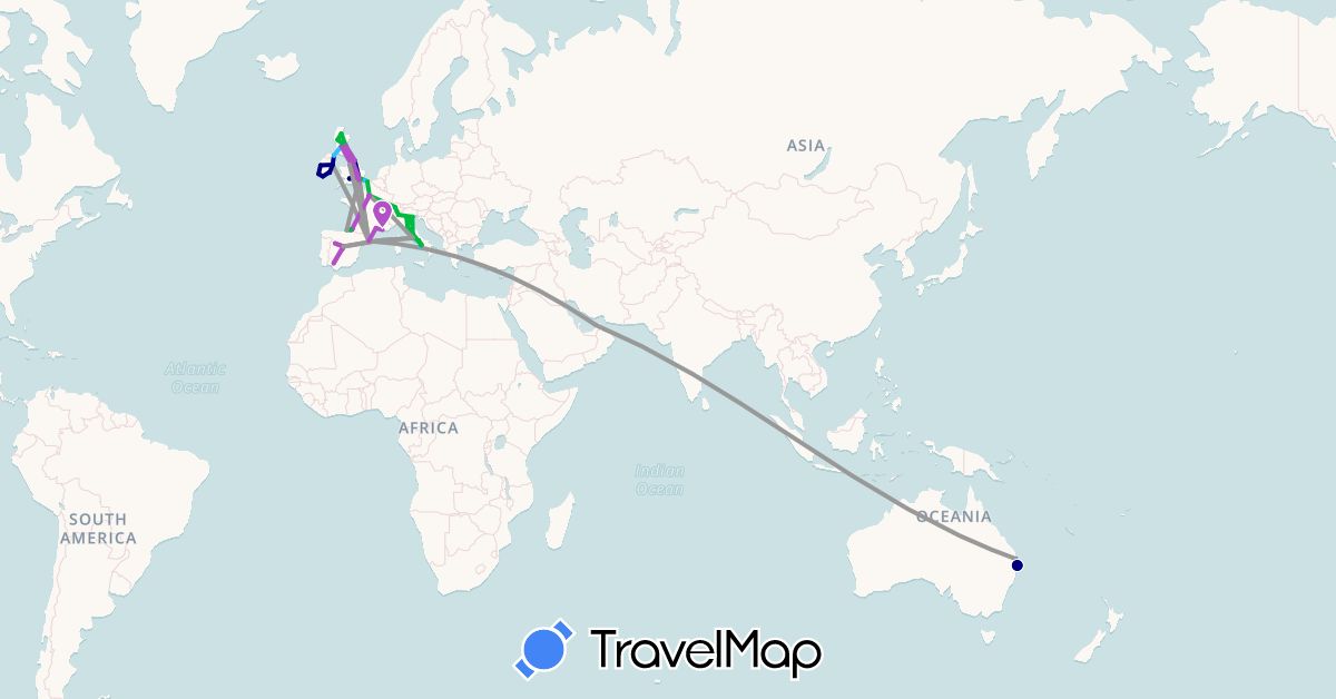 TravelMap itinerary: driving, bus, plane, train, boat in United Arab Emirates, Australia, Switzerland, Spain, France, United Kingdom, Ireland, Italy, Vatican City (Asia, Europe, Oceania)